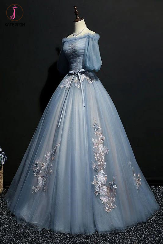 Puffy Off the Shoulder Half Sleeves Long Prom Dress with Appliques, Unique Evening Dress KPP1307