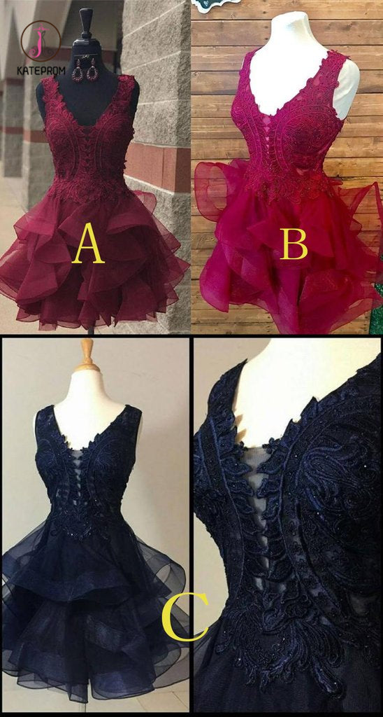 Dark Burgundy V Neck Outstanding Lace Appliqued Homecoming Dress KPH0327