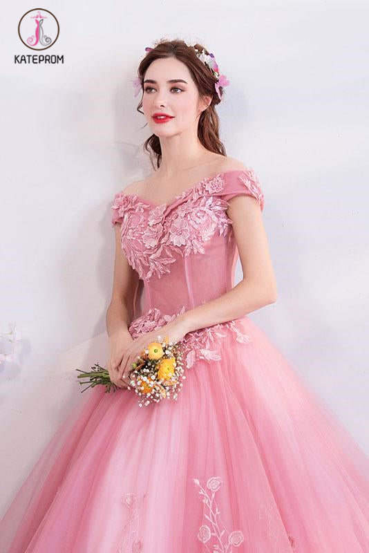 Pink Off the Shoulder Puffy Tulle Prom Dresses, Floor Length Appliqued Quinceanera Dress KPP1056