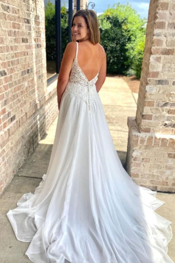 V Neck Open Back White Lace Long Prom Wedding Dresses with Train KPP1645