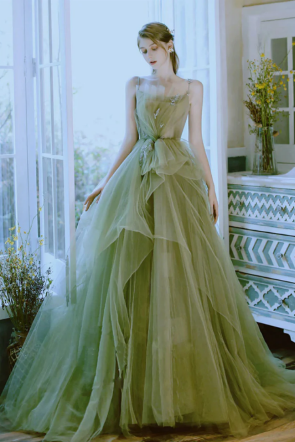 Green Tulle High Low Long Prom Dresses KPP1700