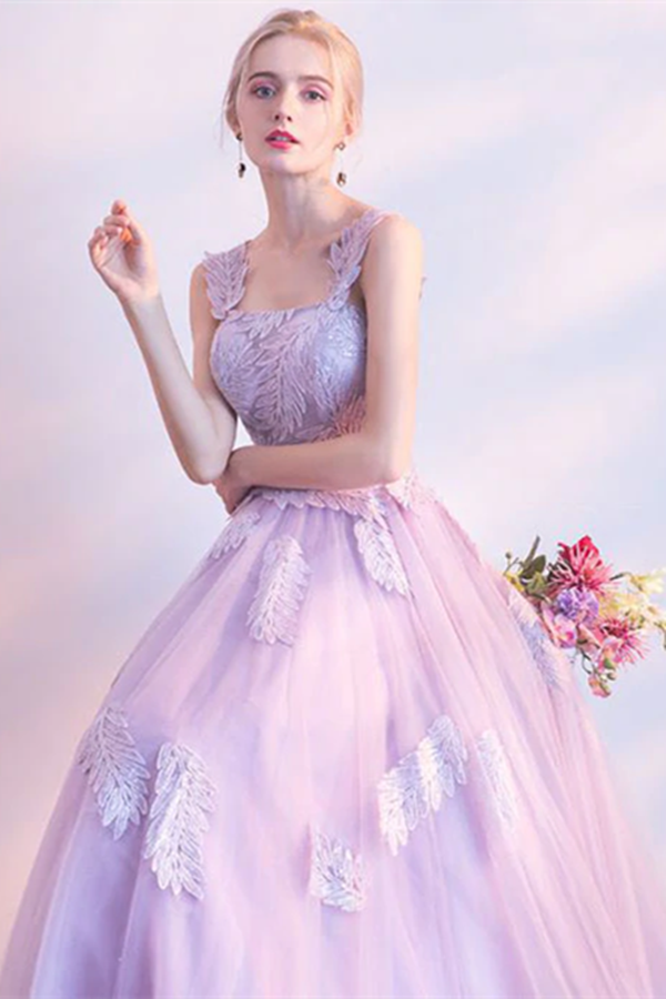 Chic Lilac Prom Dress A line Applique Modest Long Prom Dress Evening Dress KPP1613