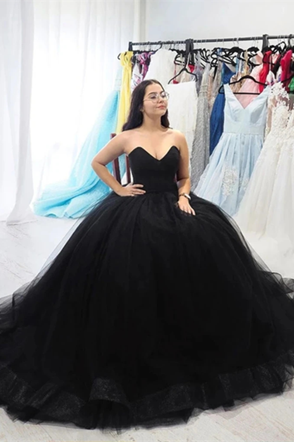 Sweetheart Neck Black Tulle Long Prom Dresses,Back Open Long Formal Evening Dresses KPP1378