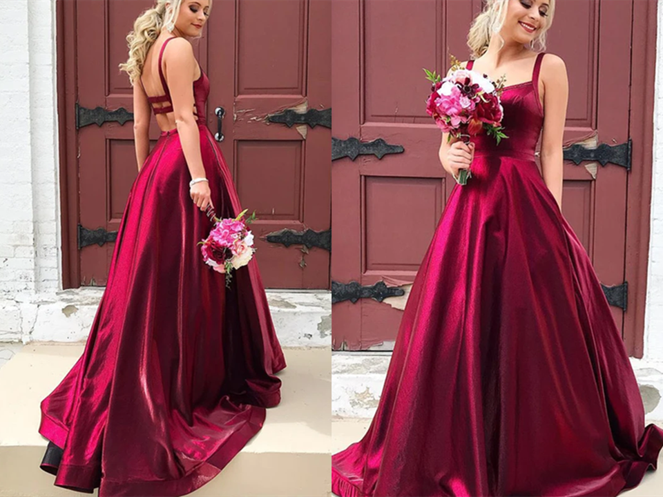 A line Long Taffeta Spaghetti Straps Prom Dresses With Pockets KPP1445