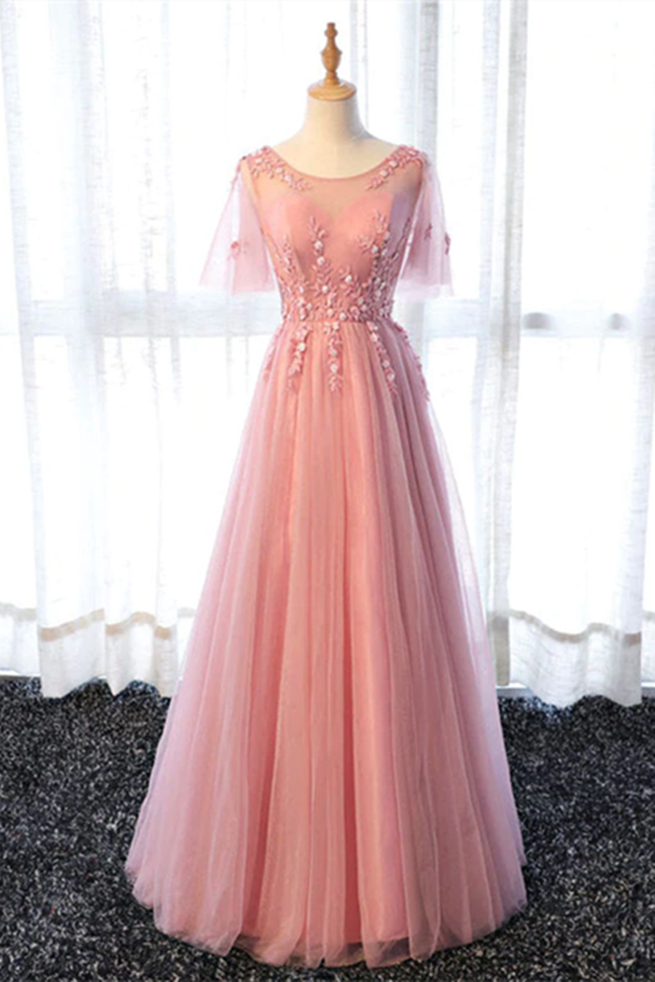 Chic A line Scoop Long Pink Tulle Prom Dress Applique Evening Party Dresses KPP1575