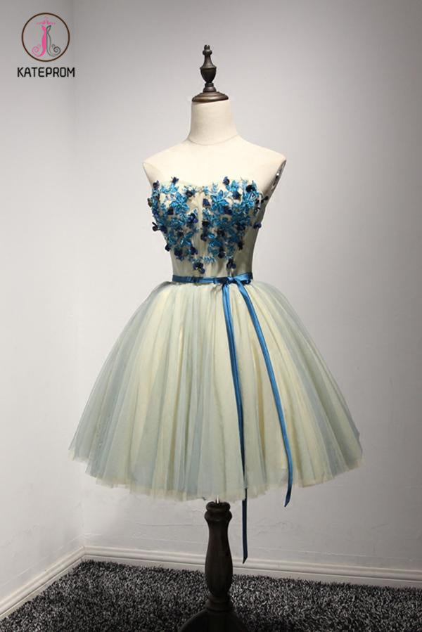 A Line Sweetheart Cute Short Homecoming Dress with Appliques, Mini Short Dress with Belt KPH0364