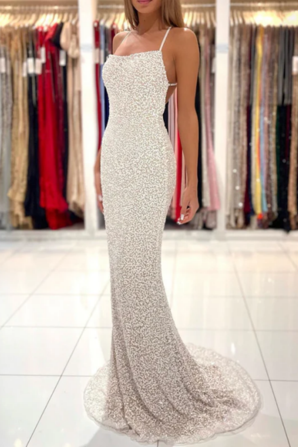 Spaghetti Straps Pearl White Prom Dresses Sparkly Sheath Formal Dress KPP1663