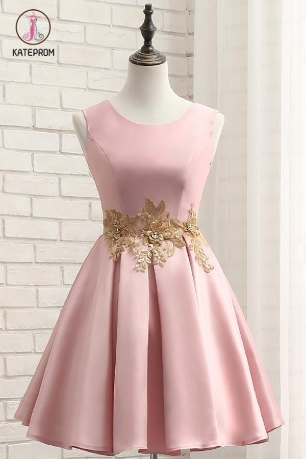 Pink A Line Sleeveless Ruched Homecoming Dress with Gold Appliques, Short Prom Dress KPH0357