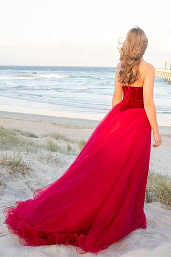 Burgundy A Line Tulle Strapless Prom Dress Long Formal Ball Dress, Evening Dress KPP1429