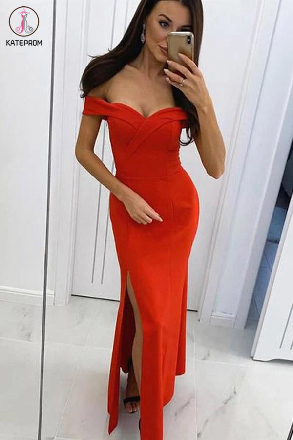 Off The Shoulder Burgundy Satin Long Prom Dresses With Slit KPP1259