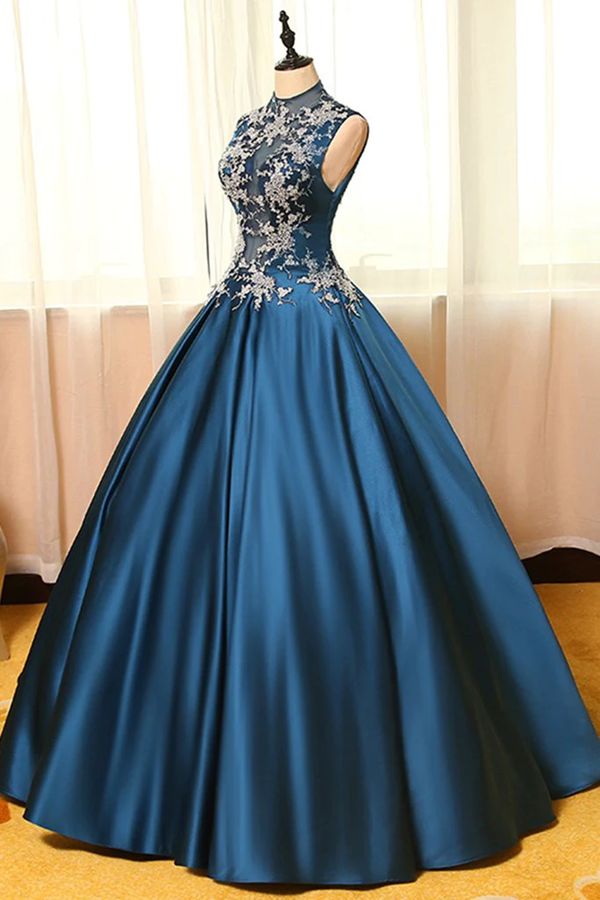 Chic Prom Dresses Appliques High Neck Ball Gown Long Prom Dress Evening Dress KPP1618