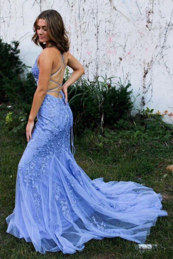 Blue Tulle Mermaid Spaghetti Straps Lace Appliques Long Prom Dresses KPP1736