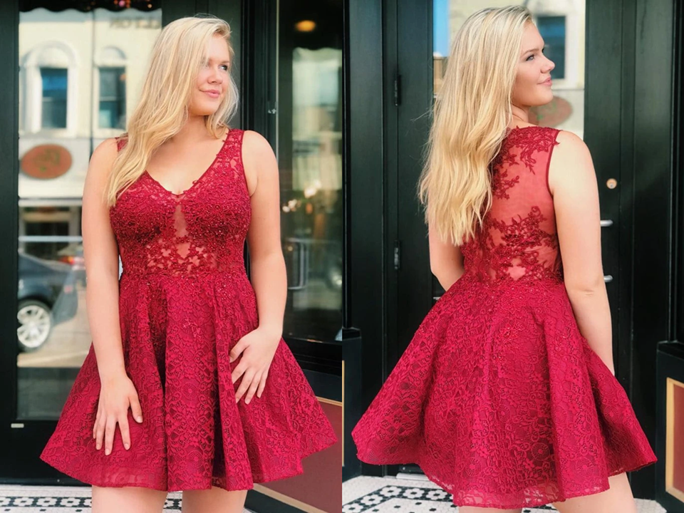 Cute V Neck Red Lace Short Prom Dress Homecoming Dress, Lace Red Formal Graduation Evening Dress KPH0582