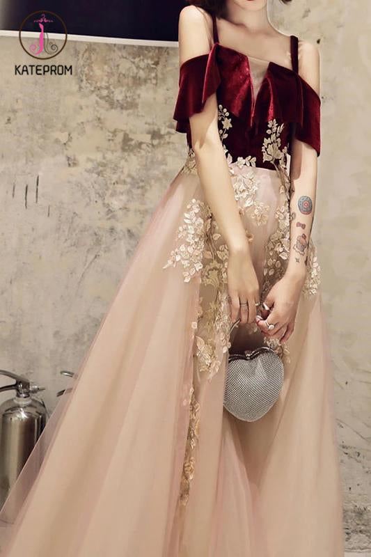 A Line Straps Tulle Prom Dress with Appliques, Floor Length Short Sleeves Party Dresses KPP1143