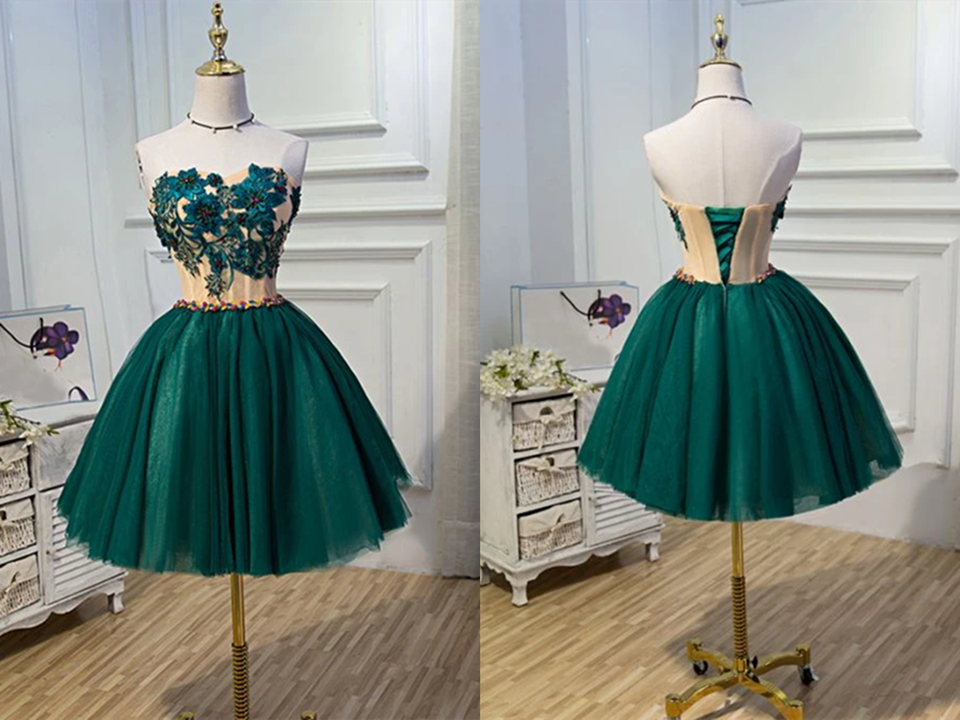 Chic A Line Sweetheart Modest Dark Green Modest Short Prom Dress Homecoming Dress KPH0601