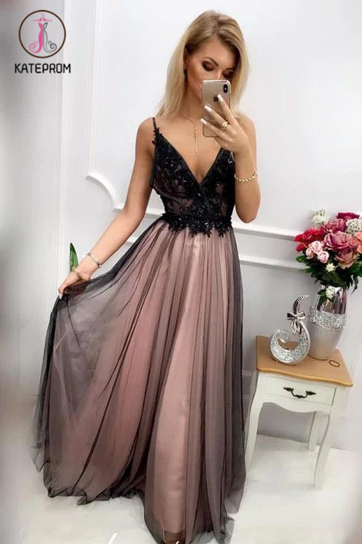 Black V Neck Tulle Long Prom Dress with Appliques, Floor Length Backless Formal Dress KPP1145
