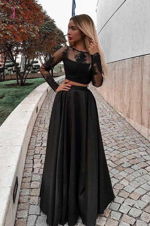Two Piece Prom Dress with Long Sleeves, Floor Length Evening Dress with Lace KPP0838