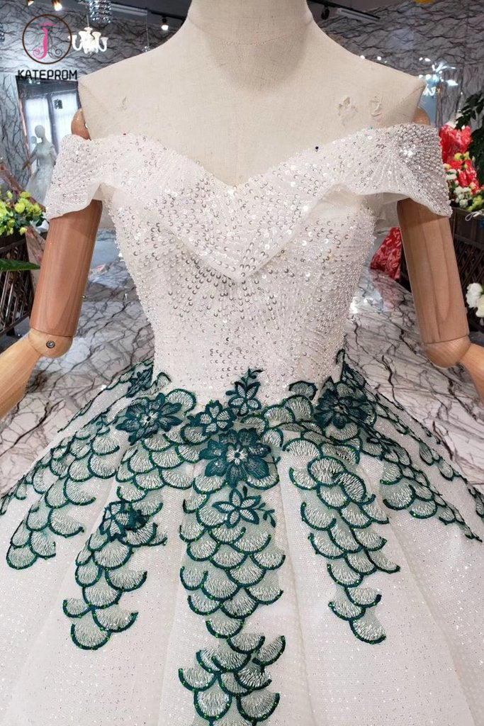New Arrival Ball Gown Off the Shoulder Prom Dress with Green Appliques, Quinceanera Dress KPP0861