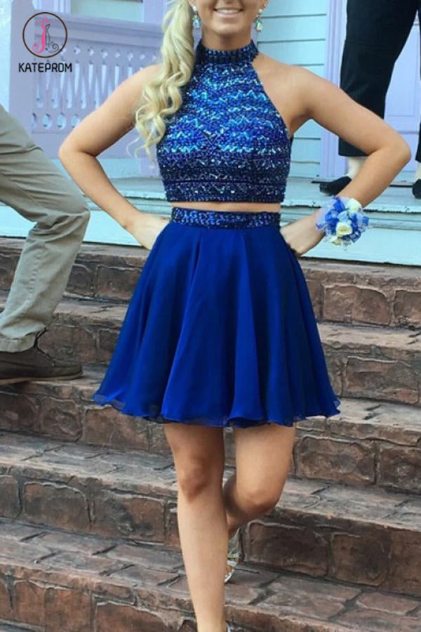 Luxurious Beading Two Piece Open Back Royal Blue Chiffon Short Homecoming Dress KPH0301