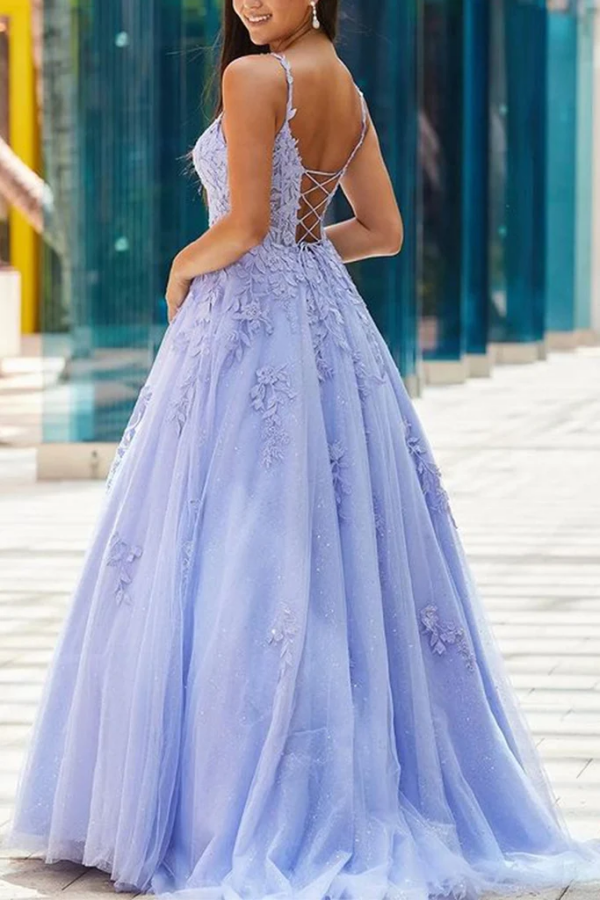 Open Back V Neck Purple Blue Lace Prom Dresses, Long Prom Dresses KPP1735