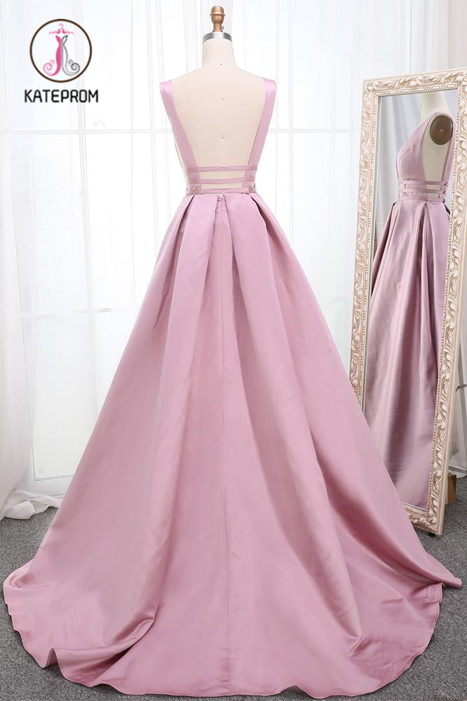Simple V Neck Sleeveless Long Prom Dress, A Line Ruched Long Evening Dresses KPP1052