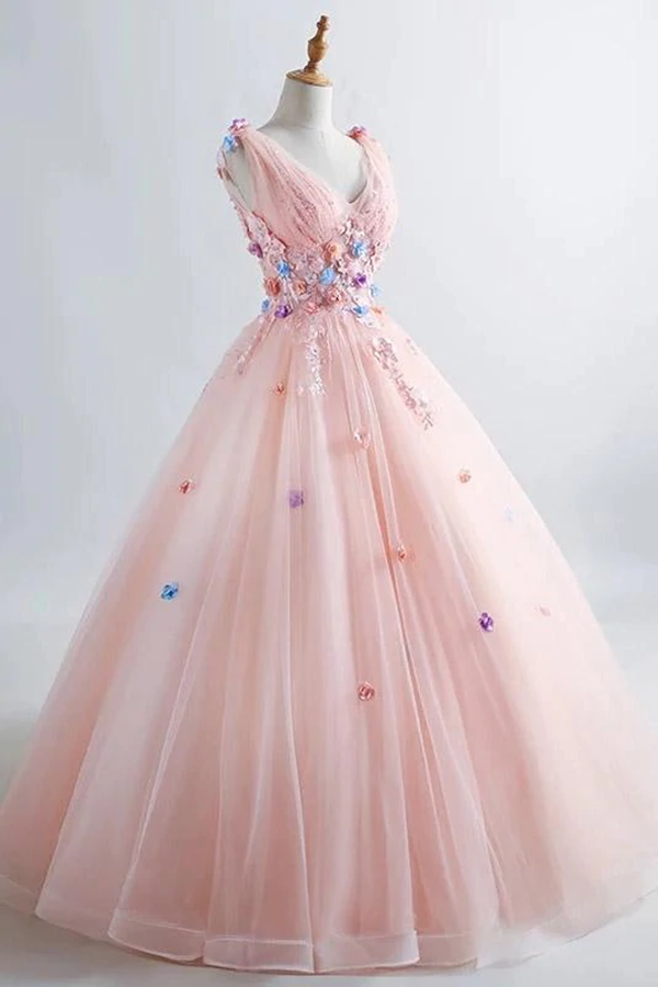 Pink Princess Blush Ball Gown 3D Floral Applique V Neck Boho Prom Quinceanera Dress KPP1533