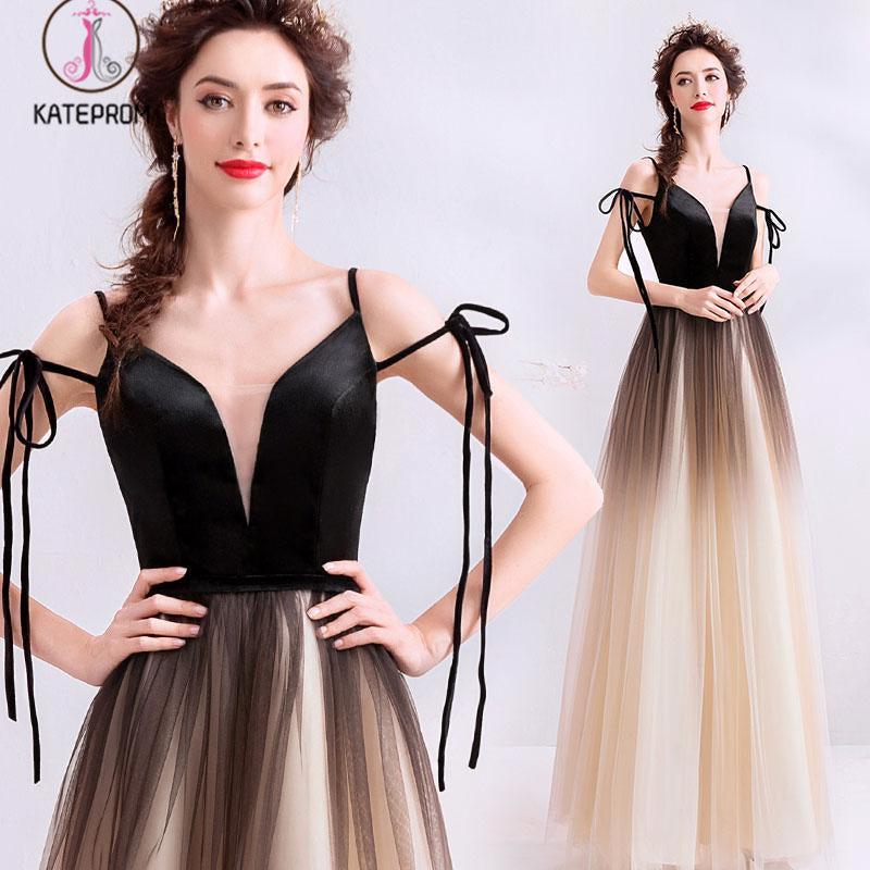 Black Deep V Neck Sleeveless Floor Length Tulle Ombre Prom Dress KPP1066