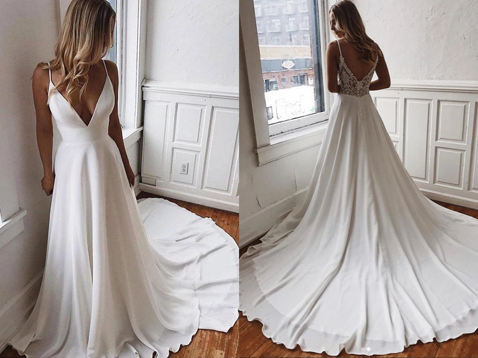 White Chiffon A-line V-neck Lace Spaghetti Straps Sweep Train Wedding Dress KPW0670