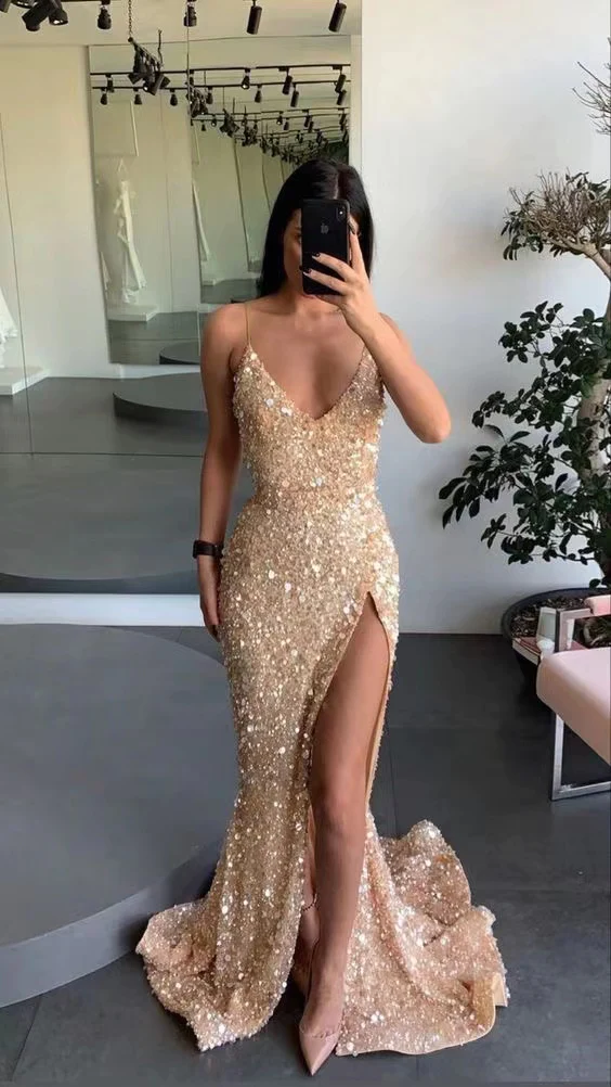 Gold Engagement Spaghetti Straps Mermaid Long Prom Dresses,Evening Gown KPP1693