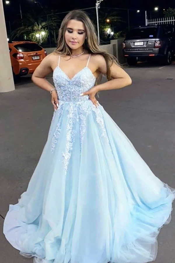 A Line V Neck Light Blue Lace Appliques Long Prom Dress, Spaghrtti Straps Formal Evening Dress KPP1451
