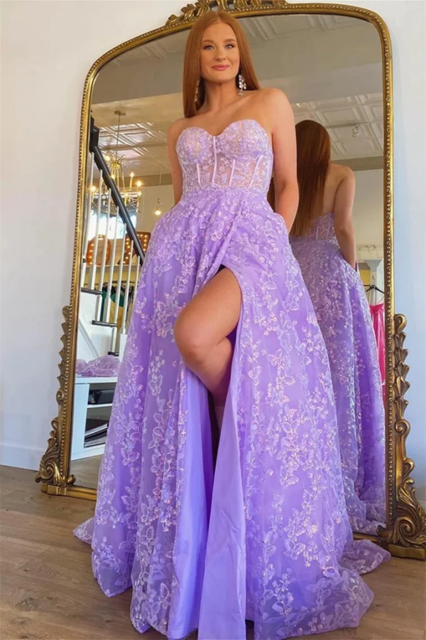 Open Back Long Sleeves Purple Lace Prom Dresses with High Slit KPP1738