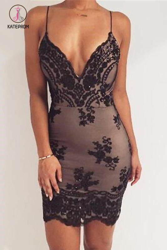 Sheath Spaghetti Straps V-neck Sleeveless Sparkly Homecoming Dress,Party Dresses KPH0266
