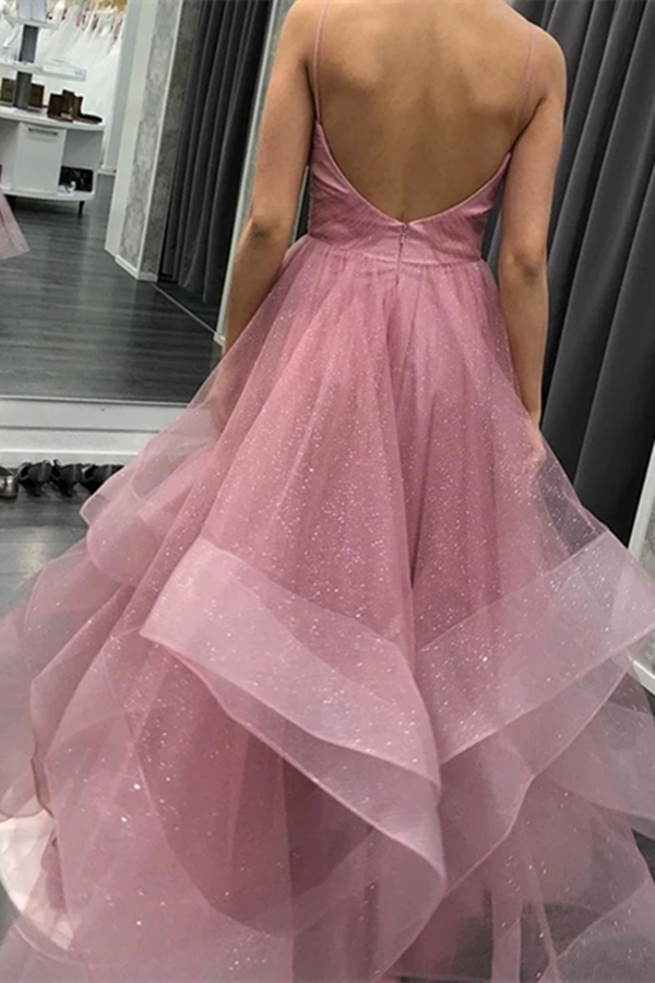 Glitter Straps Ruffled Pink Long Prom Dresses Backless Formal Gown KPP1497