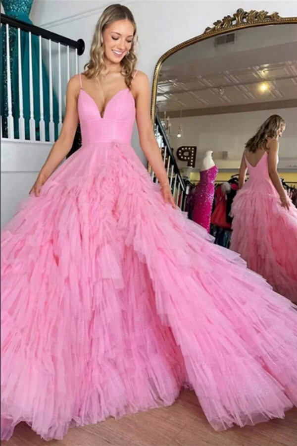 Pink Tulle Tiered A Line V Neck Spaghetti Straps Prom Dresses, Party Dress KPP1713