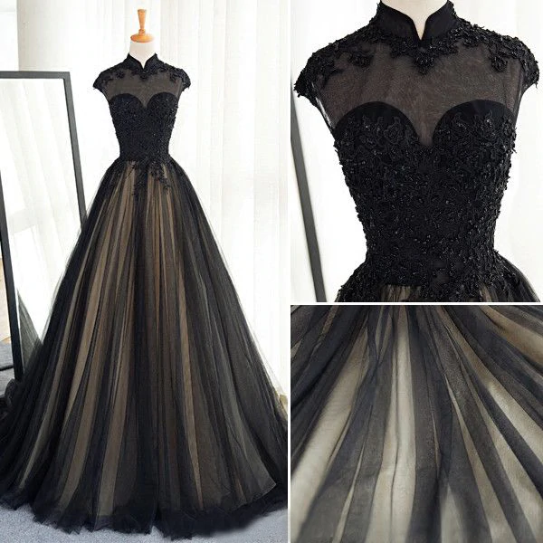 Chic A line High Neck Black Tulle Floor Length Modest Prom Dress Evening Dress KPP1546