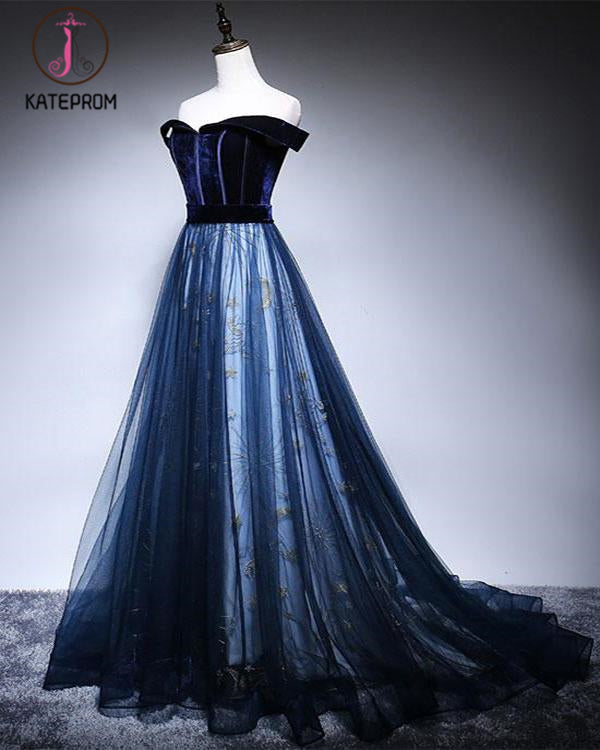 Dark Blue Velvet Tulle Long Prom Dress, Elegant Off the Shoulder Evening Dress with Sleeve KPP1232