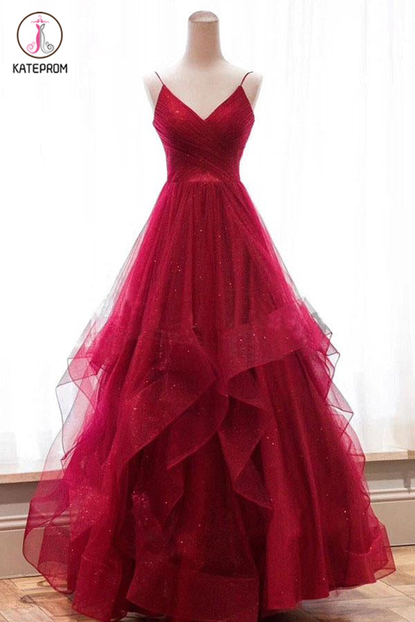 Sparkly Blue Straps Ruffles Long Prom/Evening Dress With Open Back KPP1130