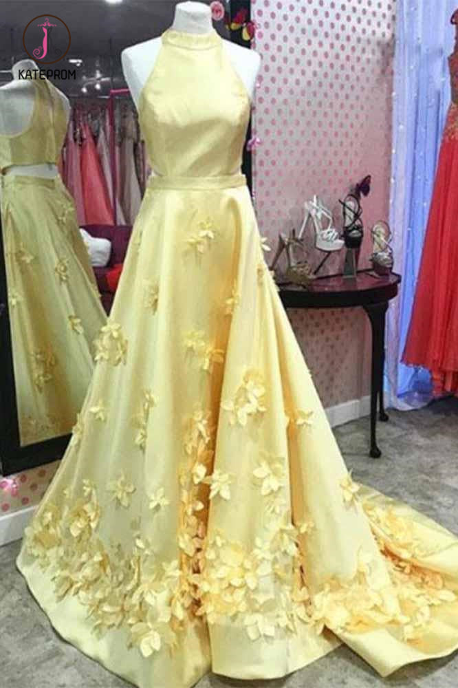A Line Formal Yellow Halter Handmade Flowers Prom Dresses with Sweep Train KPP0649