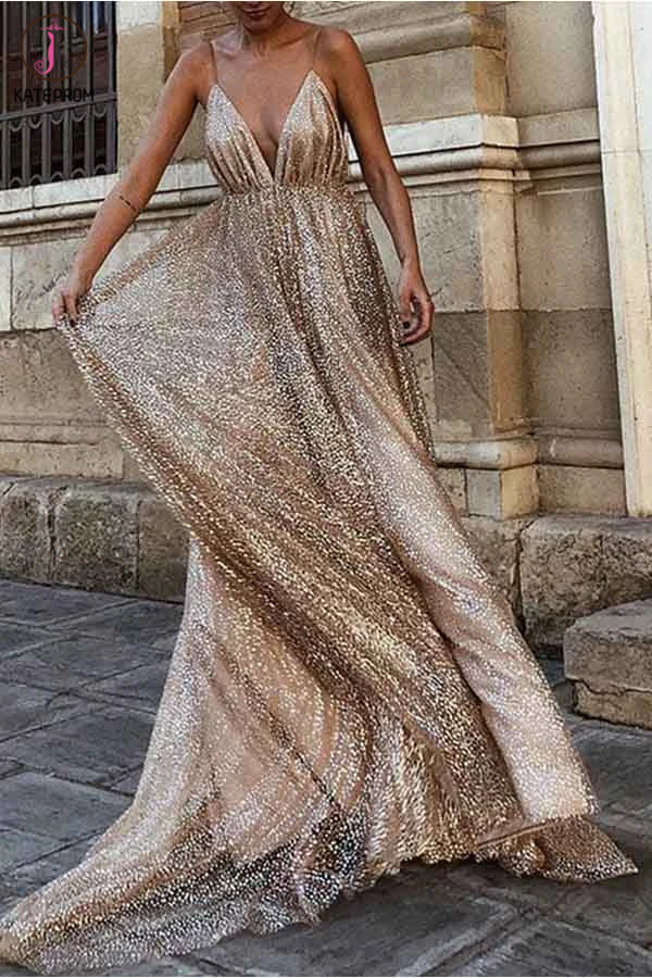 Sparkly Backless Plunging Neckline Sequin Long Prom Evening Dress KPP1260