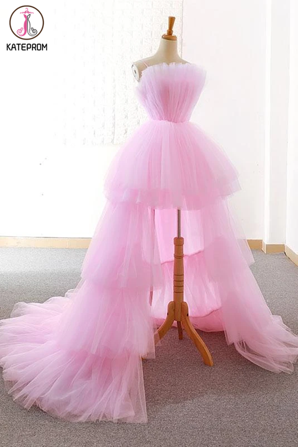 A-line Pink High Low Prom Dress Tulle Formal Dresses Evening Gowns for Sale KPP1319