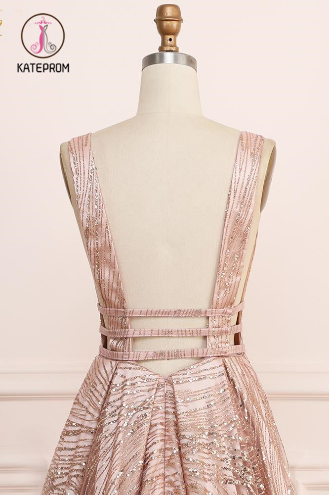 A Line Deep V Neck Long Prom Dress with Sequins, Glitter Sleeveless Evening Dress KPP1051