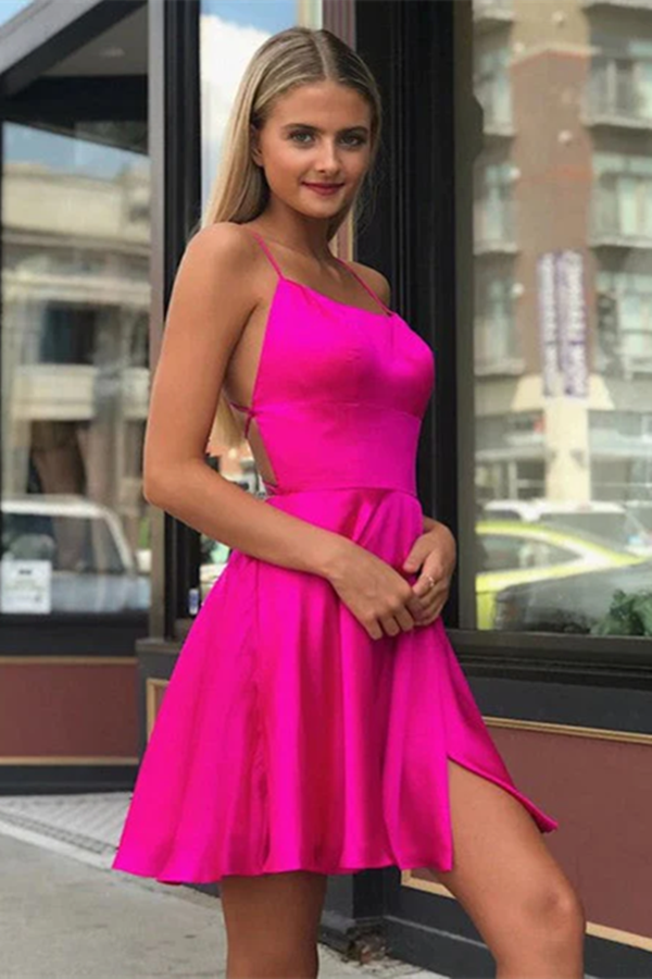 Fancy Spaghetti Straps Fuchsia Above Knee Split Homecoming Dresses KPH0613