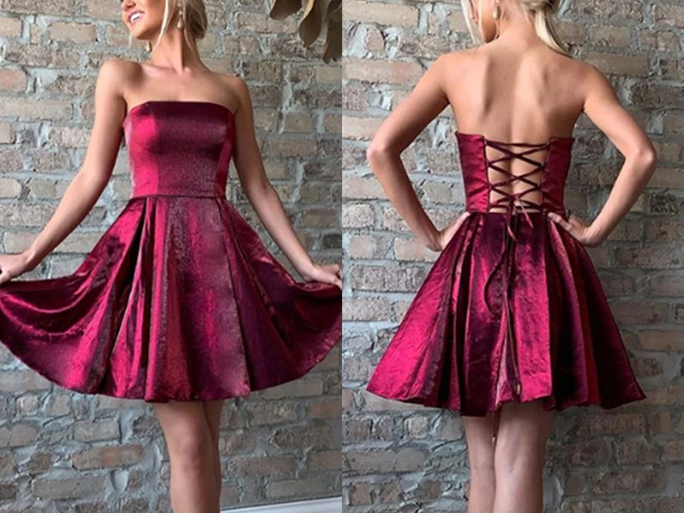 Strapless Burgundy Satin Short Homecoming Dresses, Party Dresses KPH0574