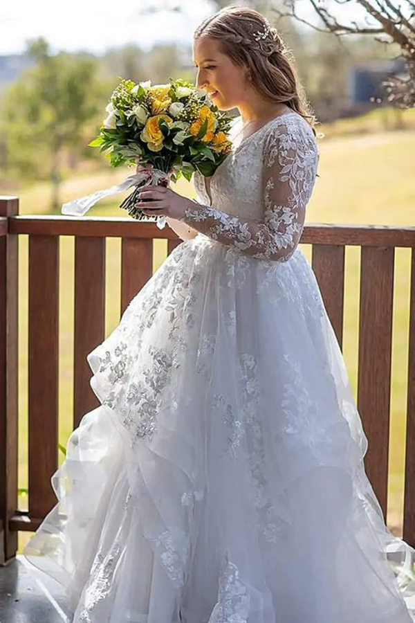 V Neck Long Sleeves White Lace Tulle Prom Dress, Layered White Lace Wedding Dress, White Formal Evening Dress KPW0736
