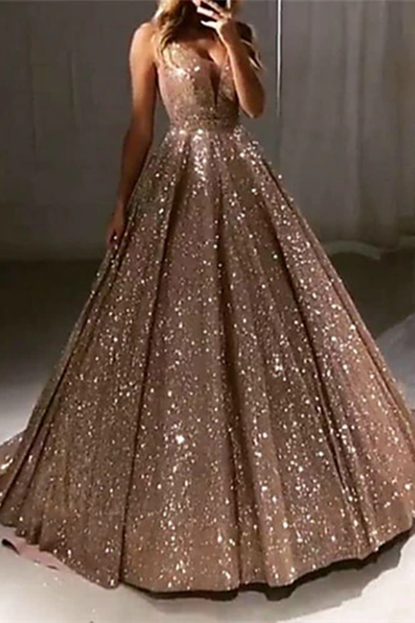 Chic A line V neck Long Sparkly Gold Prom Dresses Evening Dress KPP1537