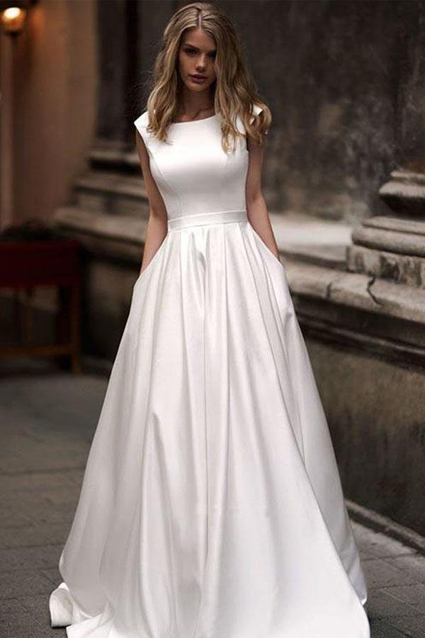 Vintage A line Princess Ivory Satin Long Wedding Dresses with Pockets KPW0711