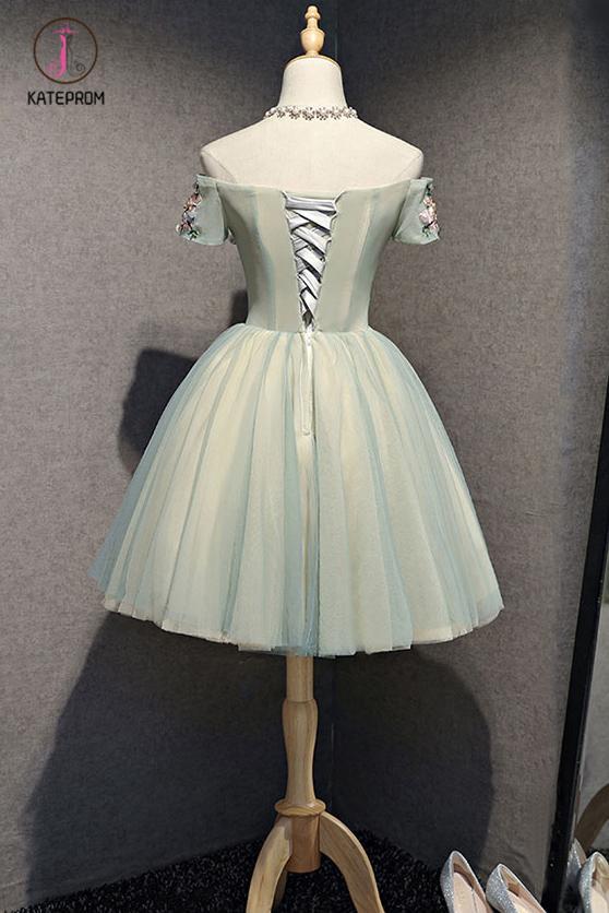 Cute Off the Shoulder Tulle Homecoming Dress, Light Green Short Prom Dress with Flowers KPH0333