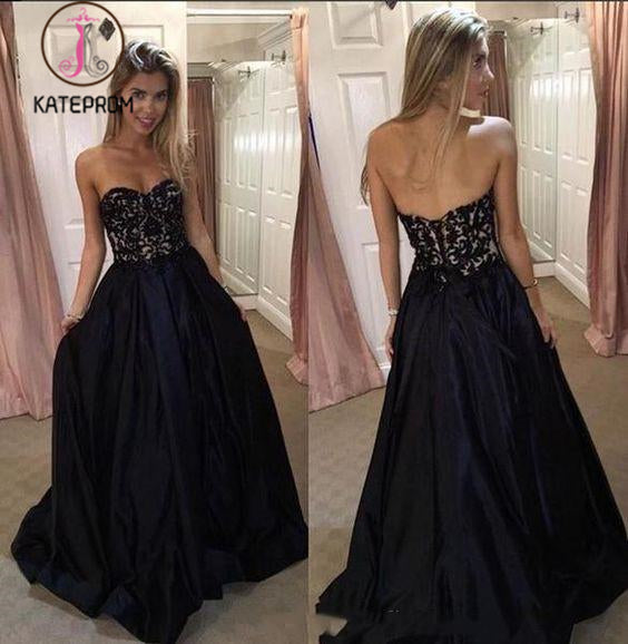 Black Sweetheart Prom Dress with Lace, A Line Strapless Long Graduation Dress KPP0914