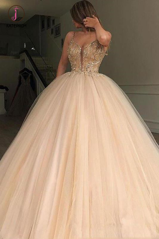 Sparkly Spaghetti Strap Beaded Ball Gown Prom Dress, Long Tulle Quinceanera Dresses KPP0726
