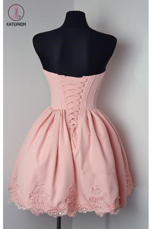 Pink Sweetheart Lace Appliques Short Graduation Dress, New Strapless Homecoming Dress KPH0328